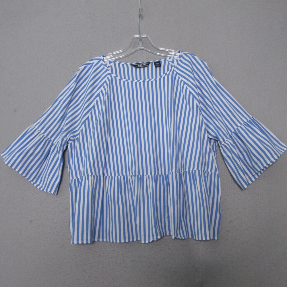 Lands Ends Top Plus 16P Blue White Stripe Bell Sleeve Nautical Boho‎ Coastal